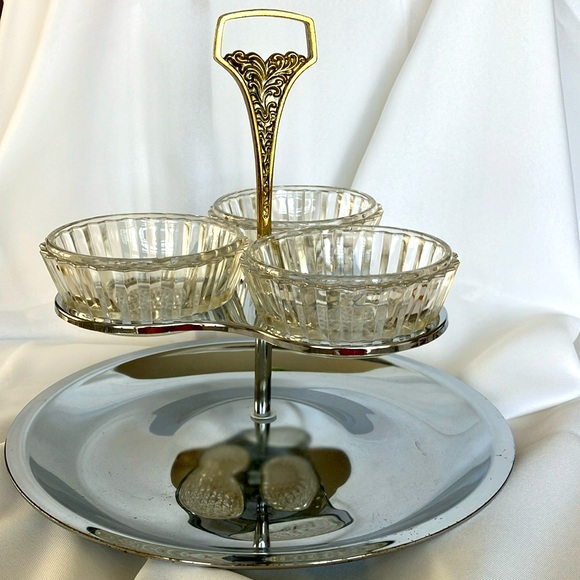 KROMEX MCM Chrome RelishTray With 3 Crystal Bowls On Chrome Lazy Susan - Picture 13 of 16